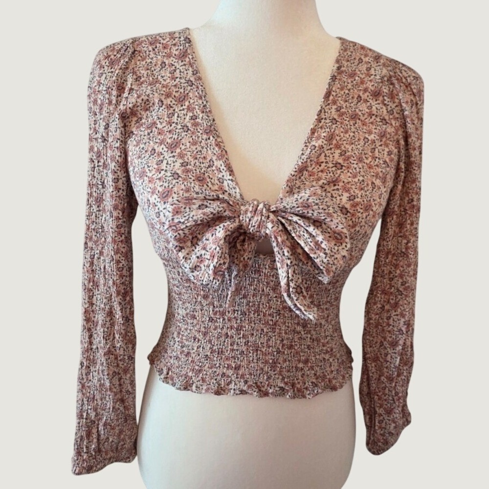 American Eagle Top Floral Tie Front Smocked Blouse Long Sleeve Cottagecore XS